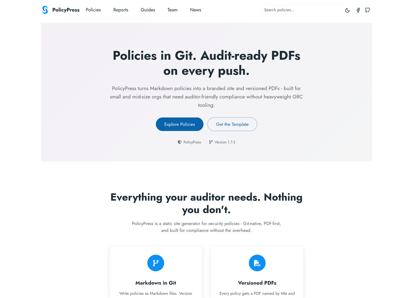 PolicyPress dashboard homepage showing policy count, review status, and framework coverage